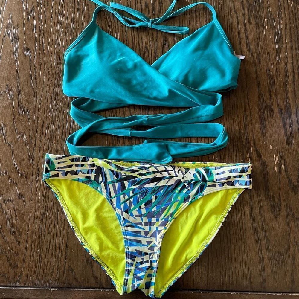 Aerie Teal Lime Green Tie Back Bikini Set, M